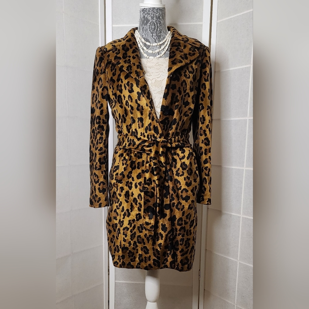 Sm BeBe Luxe Faux Velvet Leopard Coat/Jacket W/Tie Belt